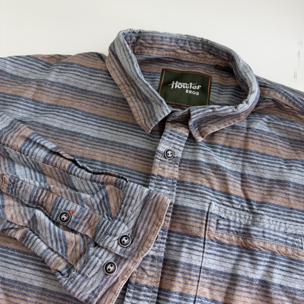 Howler Bros Mens XL Blue Brown Striped Cotton Flannel Button Down Shirt LS